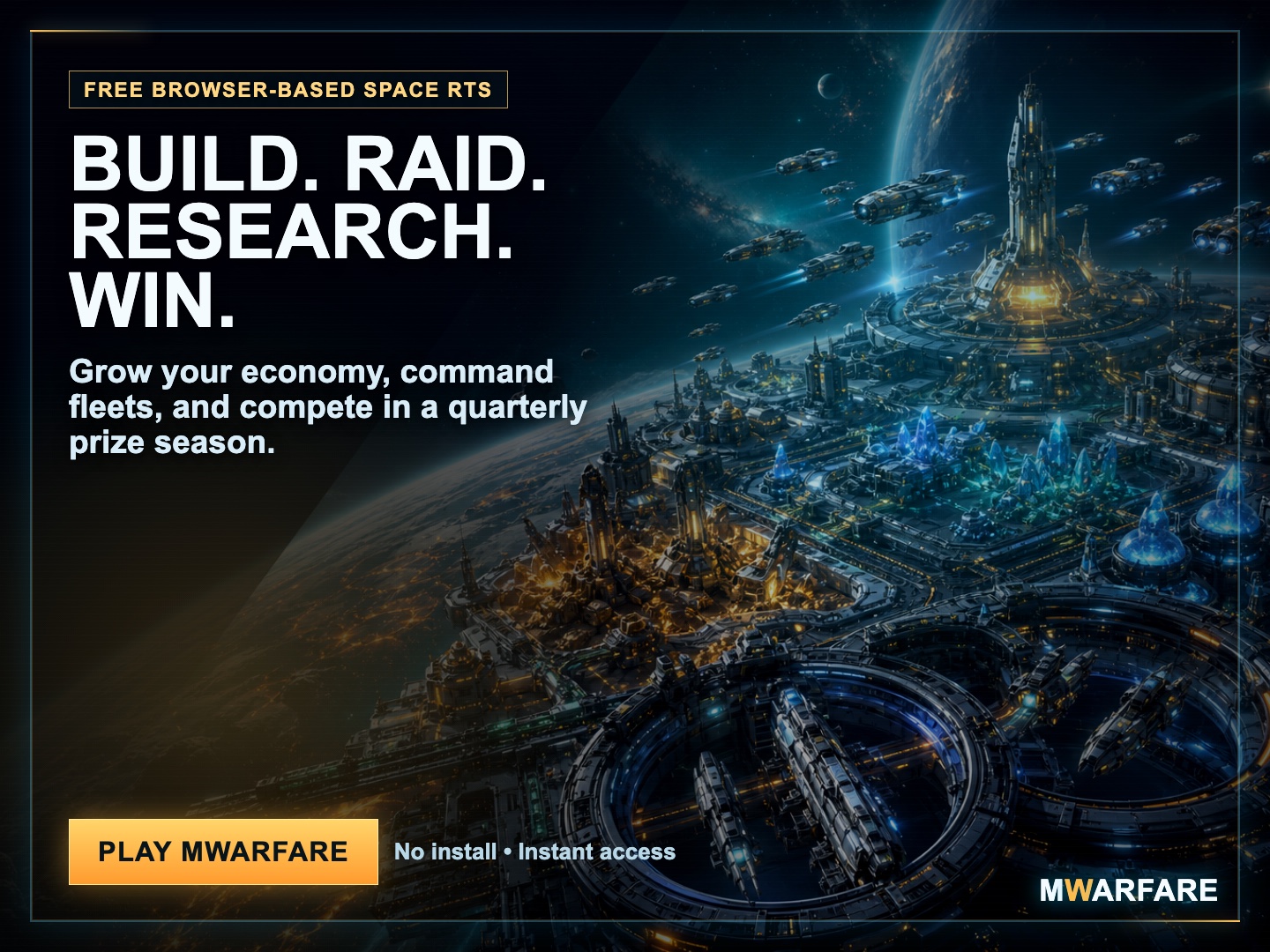 Four by three Reddit ad mockup showing an orbital empire and build raid research win copy