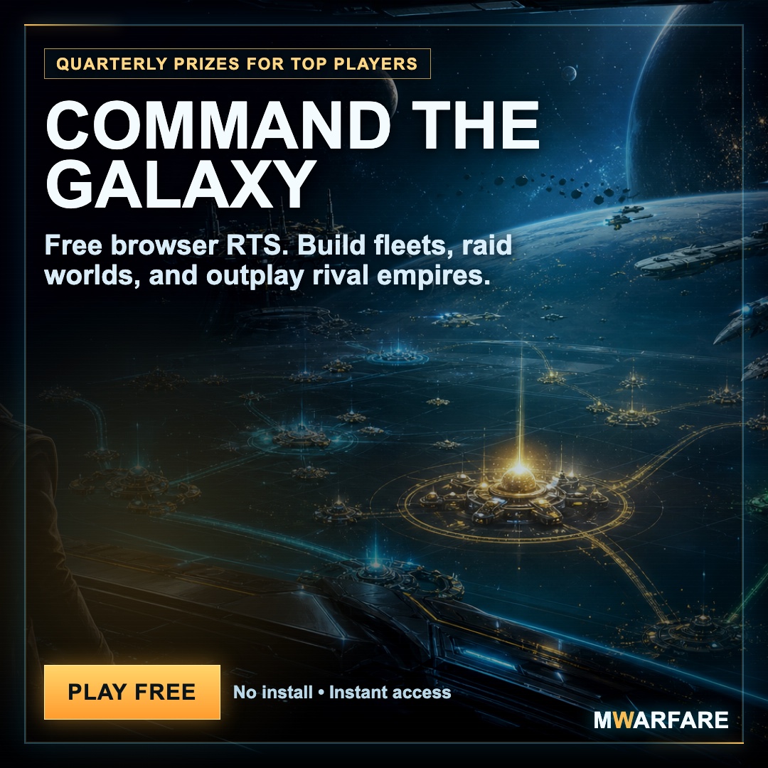Square Reddit ad mockup showing a commander over a galaxy map with free browser RTS and quarterly prize messaging