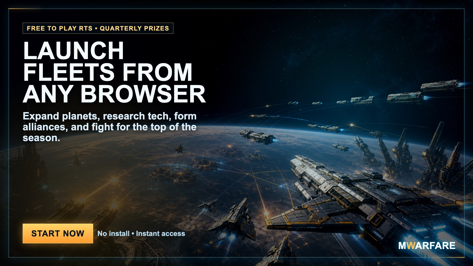 Landscape Reddit ad mockup showing fleets launching over a planet from any browser